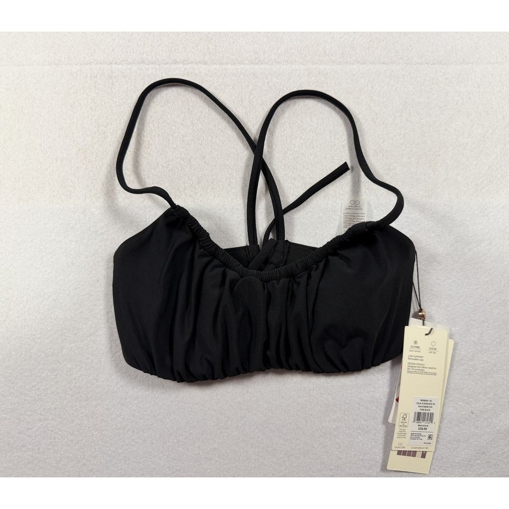CALIA XS Scrunched Tie Back Bikini Top Pure Black Womens NWT Resortwear